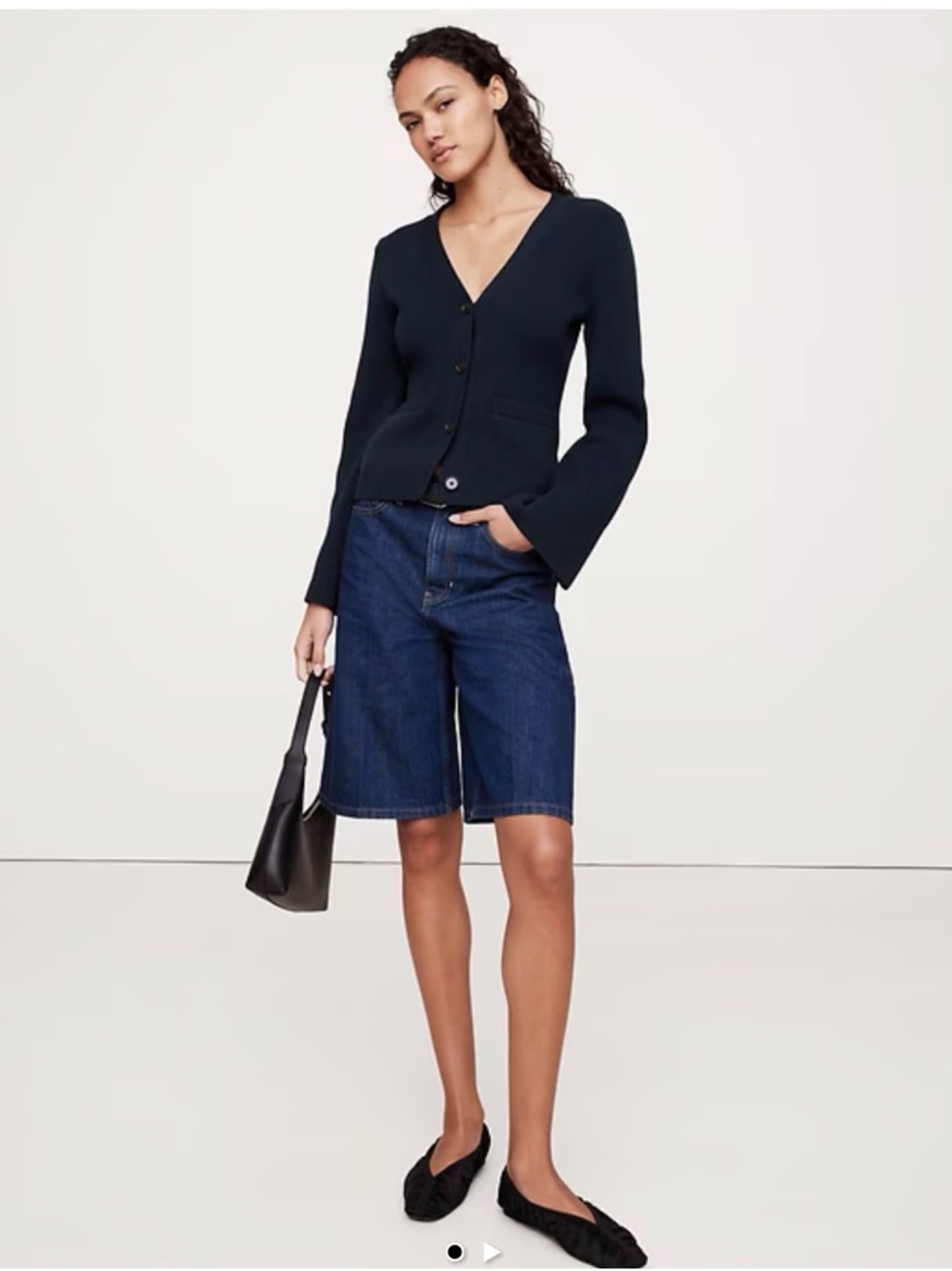 Banana Republic Navy Structured Cotton-Silk Flare Sleeve Larkspur Cardigan